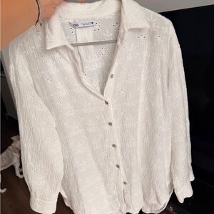 Zara Cream Eyelet Button-Down Shirt